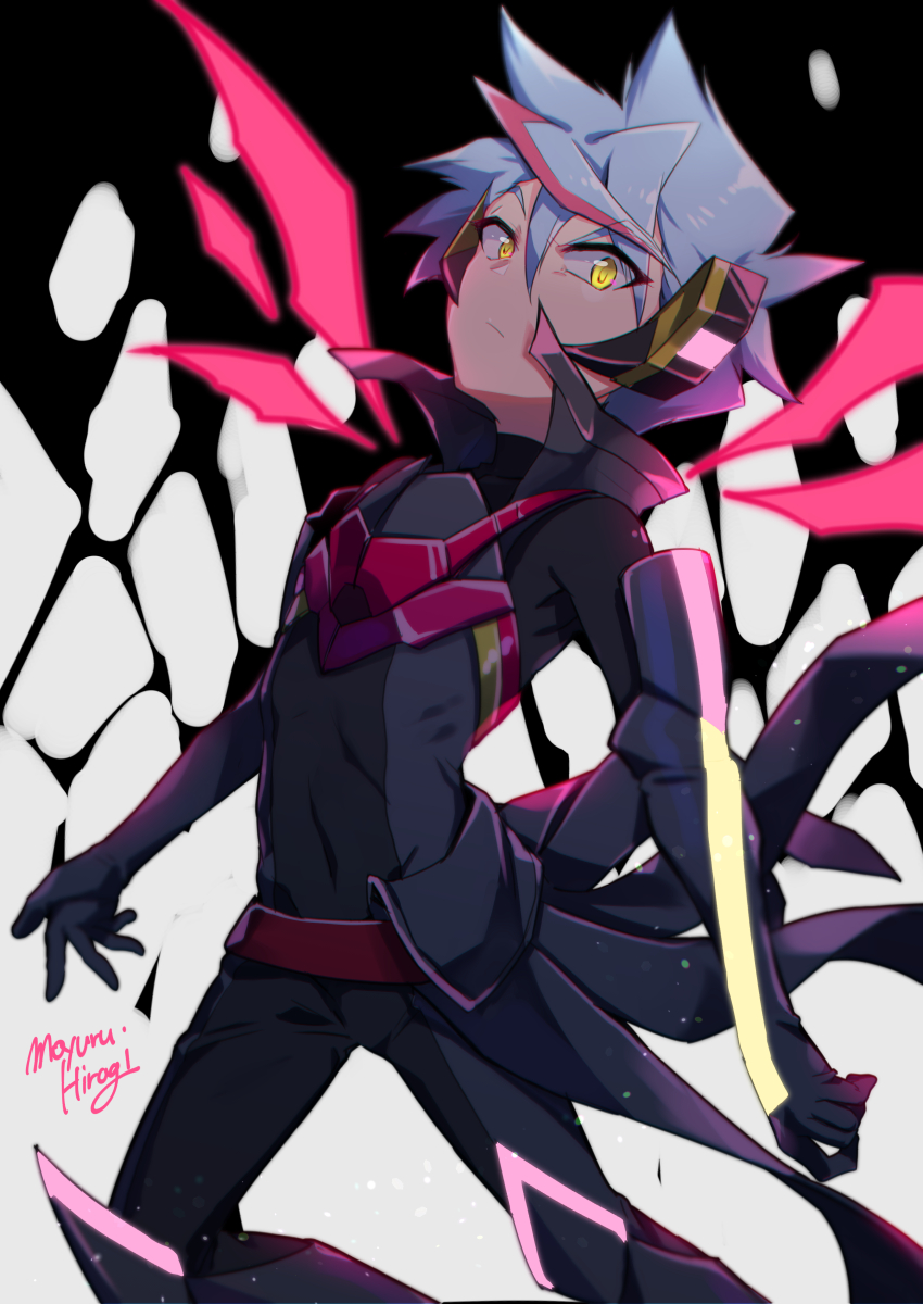 1boy, black_bodysuit, blue_hair, bodysuit, energy_wings, highres, leaning_back, looking_at_viewer