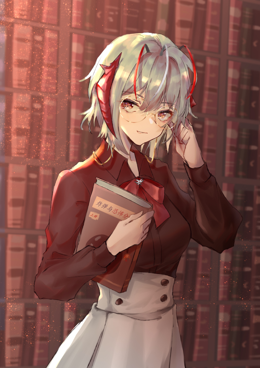 1girl, absurdres, adjusting_eyewear, antenna_hair, arknights, black_shirt, book, bookshelf
