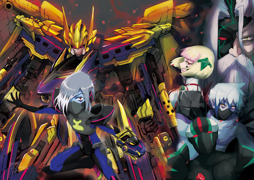 1girl, 4boys, beard, black_shinkalion_berserker_mode, blonde_hair, blue_skin, byakko_(shinkalion), colored_skin