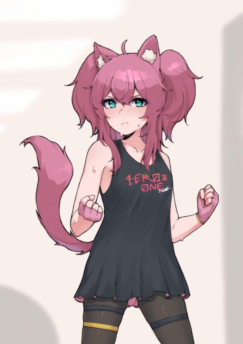 1girl, absurdres, animal_ears, black_dress, cat_ears, cat_tail, dress, embarrassed, fingerless_gloves, frilled_dress, frills, gloves, graphic_dress, heavenrend, highres, km0d0, legband, pantyhose, pink_hair, sweat, sweatdrop, tail, training, twintails, valefal_coneri, virtual_youtuber