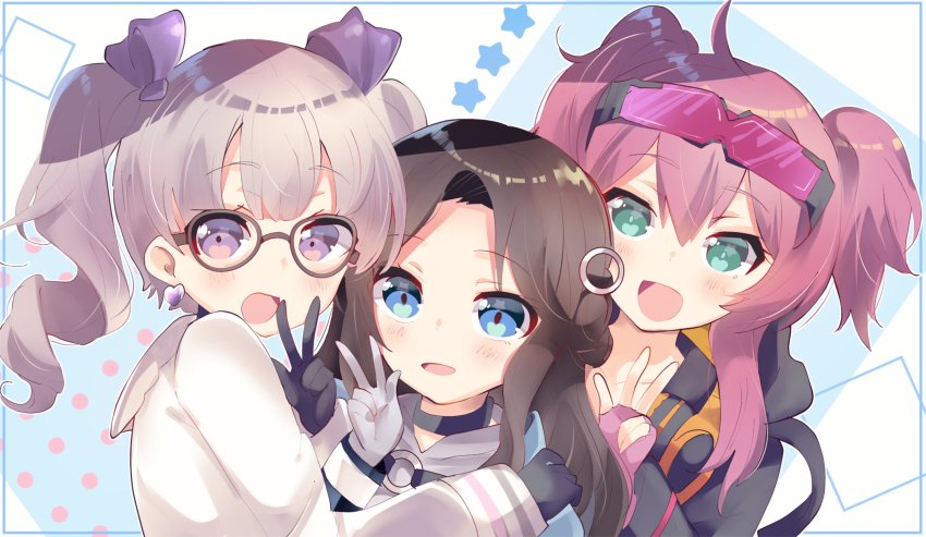 armband, bow, commission, drill_hair, fingerless_gloves, glasses, gloves, group_picture