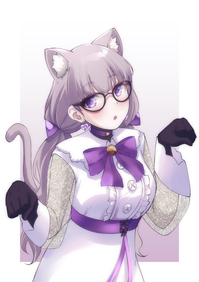 1girl, animal_ears, belt, black_gloves, black_legwear, bow, breasts, cat_ears, cat_tail, glasses, gloves, haruna_swift, heavenrend, highres, lace, medium_breasts, medium_hair, open_mouth, purple_belt, purple_bow, purple_eyes, tail, twintails, valefal_coneri, virtual_youtuber