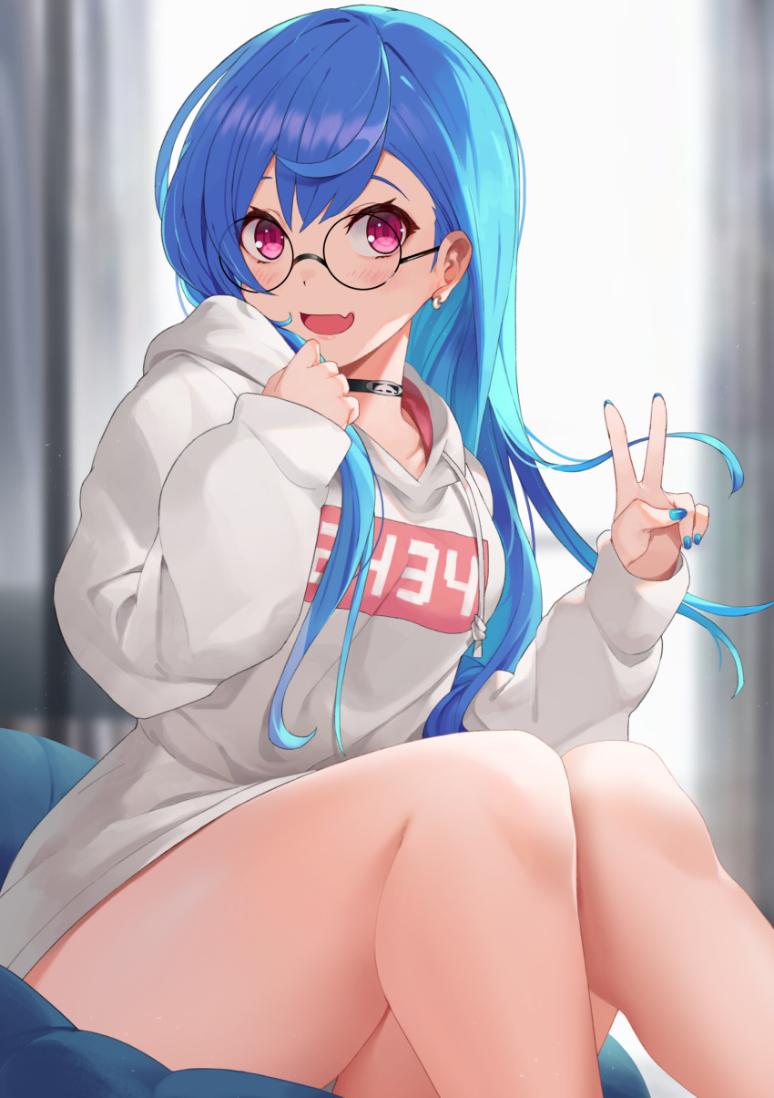 1girl, absurdres, ahoge, black_choker, blue_hair, blue_nails, choker, collarbone