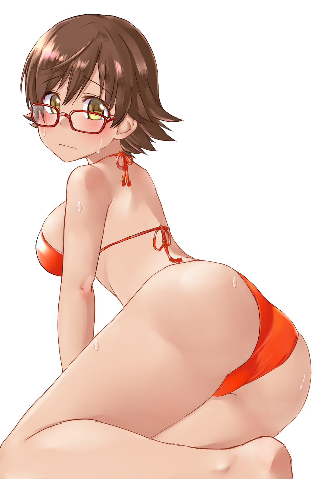 1girl, aimobake, ass, bad_id, bad_twitter_id, barefoot, bespectacled, bikini