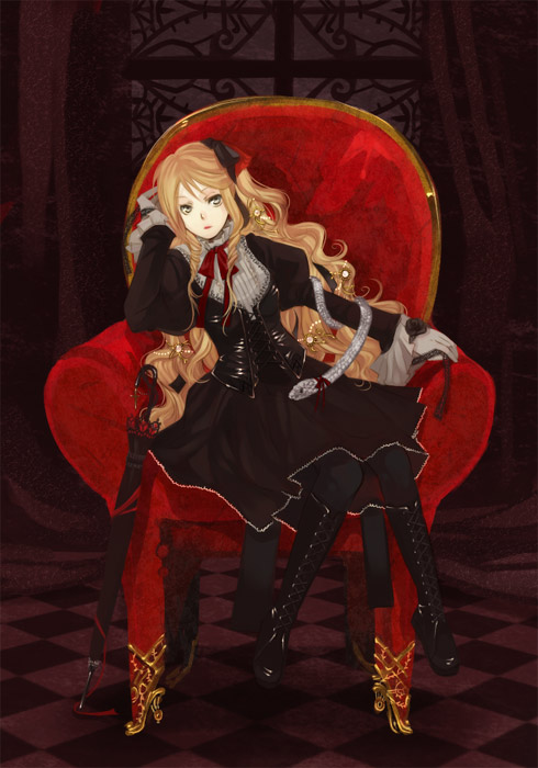 1girl, blonde_hair, boots, chair, closed_umbrella, dress, female_focus, full_body, kyouka_hatori, kyoukahatori, long_hair, ribbon, sitting, snake, solo, umbrella