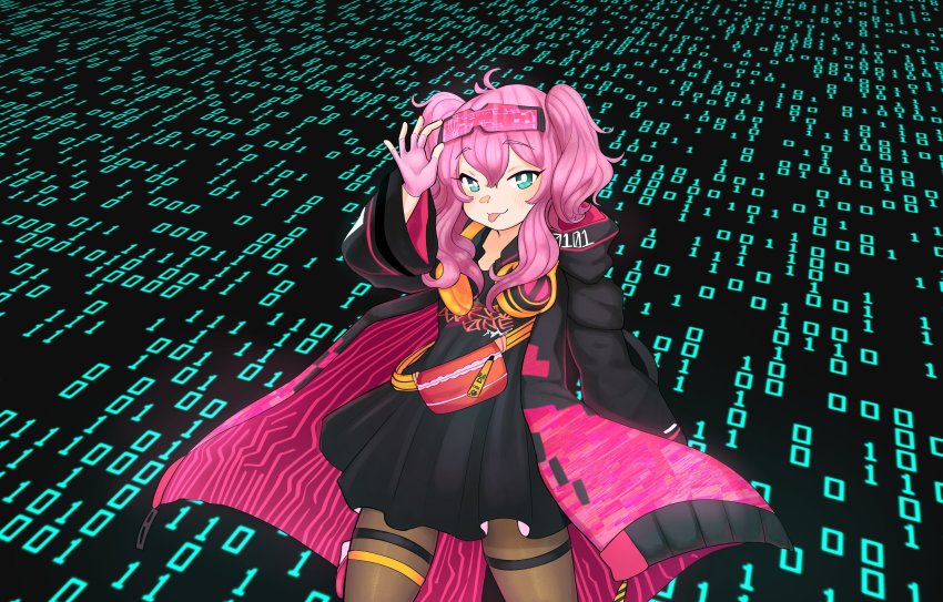 1girl, absurdres, bag, binary, black_dress, cyberpunk, dress, fingerless_gloves, glitch, gloves, green_eyes, heavenrend, henemimi, highres, jacket, km0d0, long_sleeves, pink_hair, sleeves_past_wrists, teasing, tongue, tongue_out, twintails, virtual_youtuber, visor