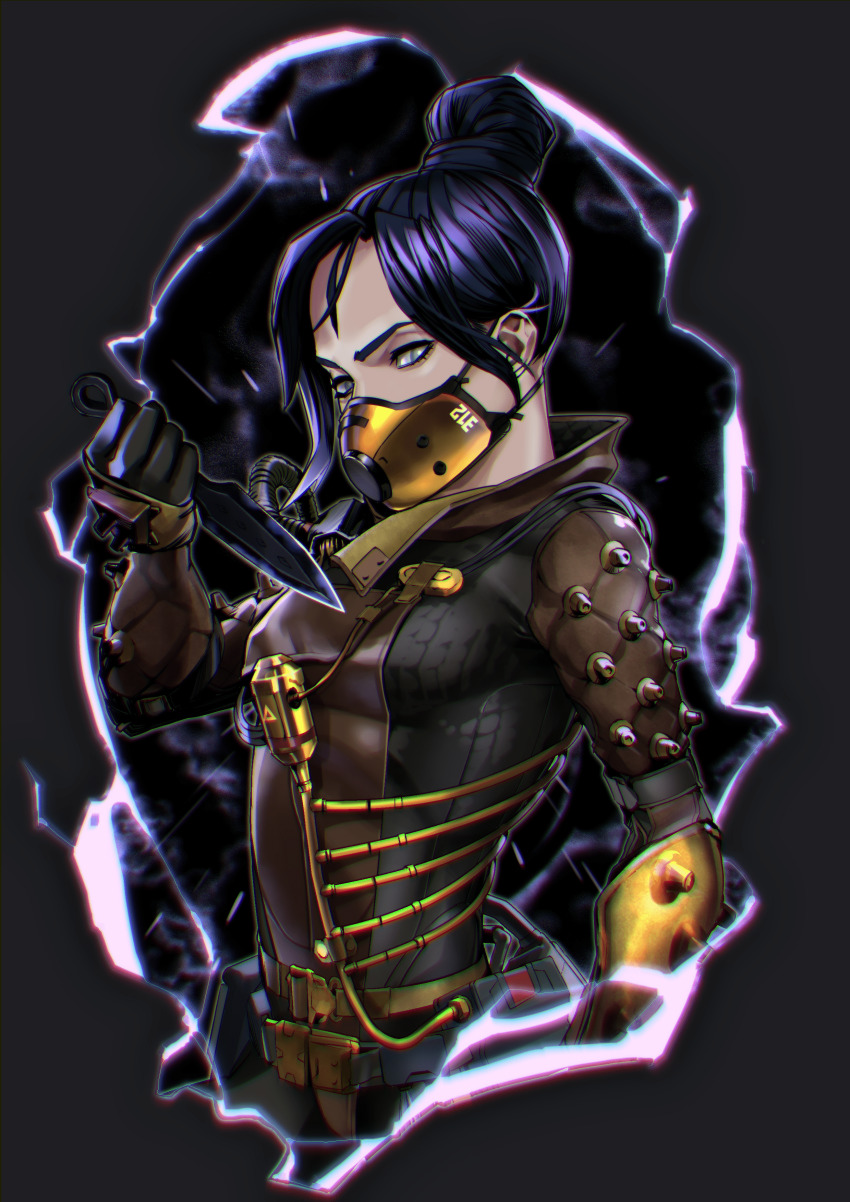 1girl, absurdres, airship_assassin_wraith, apex_legends, breasts, brown_gloves, cable, gloves, grey_eyes, hair_behind_ear, hair_bun, highres, hope's_dusk_(apex_legends), ishikawa_(kejuin), kunai, looking_to_the_side, mask, mouth_mask, parted_bangs, portal_(object), single_hair_bun, small_breasts, solo, upper_body, weapon, wraith_(apex_legends)