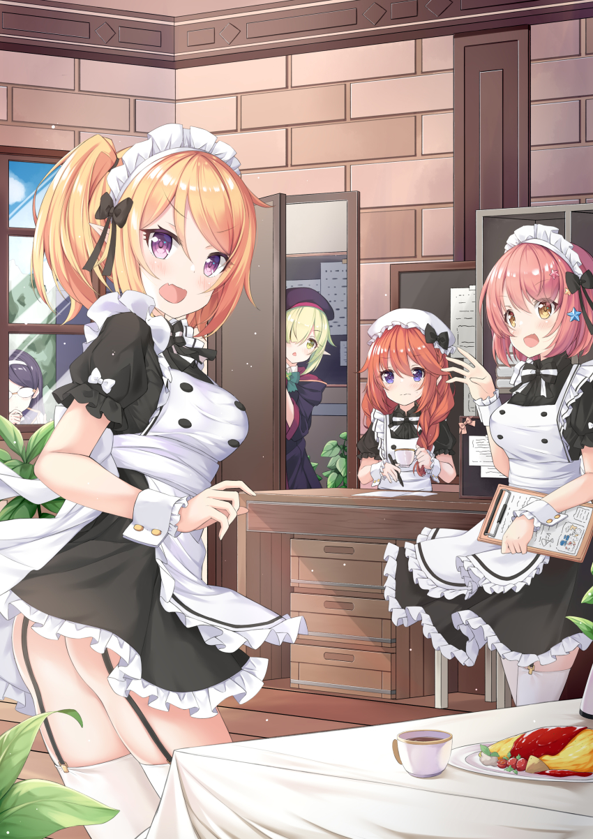 4girls, absurdres, aoi_(princess_connect!), aoi_(transfer_student)_(princess_connect!), apron, ass, black_bow, blush, bow, bowtie, breasts, chieru_(princess_connect!), chloe_(princess_connect!), clipboard, cup, elf, flat_chest, food, garter_straps, hair_between_eyes, hair_bow, hair_ornament, hair_over_one_eye, highres, holding, holding_clipboard, holding_pen, long_hair, looking_at_viewer, looking_back, lr_(last_remote_514), maid, maid_headdress, medium_breasts, multiple_girls, open_mouth, orange_hair, peeking_out, pen, pink_hair, pointy_ears, ponytail, princess_connect!, short_hair, star_(symbol), star_hair_ornament, table, thighhighs, white_bow, white_legwear, yuni_(princess_connect!)