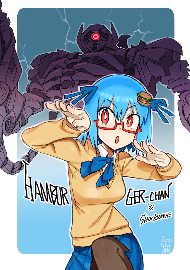 arm_cannon, black_legwear, blue_hair, blue_ribbon, blue_skirt, decepticon, food-themed_hair_ornament, glowing, glowing_eye, hair_ornament, hamburger-chan_(hundredburger), kusada, mecha, one-eyed, open_mouth, red-framed_eyewear, red_eyes, ribbon, robot, semi-rimless_eyewear, shirt, shockwave_(transformers), short_hair, skirt, tan_sweater, transformers, transformers:_dark_of_the_moon, transformers_(live_action), upper_body, weapon