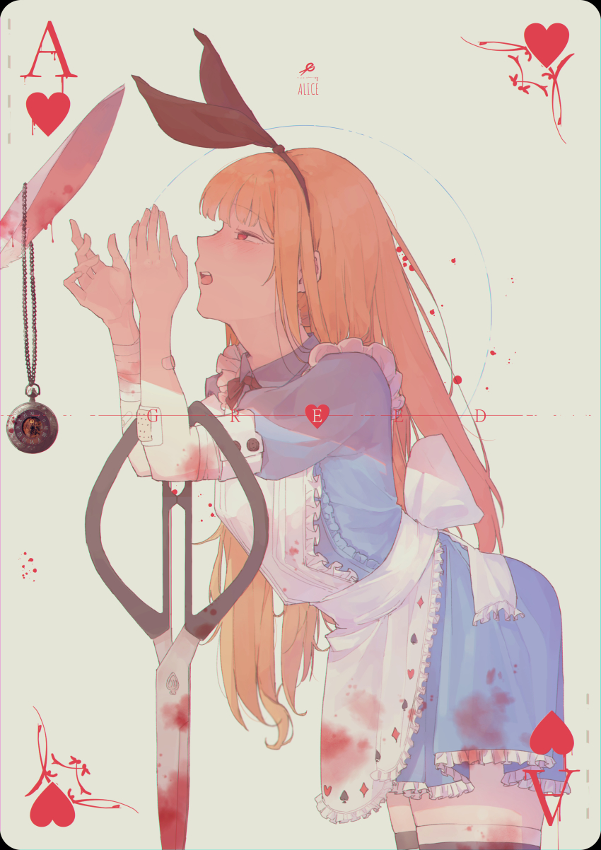 1girl, absurdres, ace_(playing_card), ace_of_hearts, alice_(alice_in_wonderland), alice's_adventures_in_wonderland, animal_ears, apron, bandaged_arm, bandages, black_hairband, blonde_hair, blood, blood_on_clothes, blood_splatter, bloody_bandages, blood_on_scissors, blue_dress, bow_hairband, card, character_name, commentary_request, cowboy_shot, dress, from_side, green_background, hairband, hands_up, heart, highres, jewelry, korean_commentary, leaning_forward, long_hair, maid_apron, necklace, open_mouth, playing_card, profile, rabbit_ears, red_eyes, ryeobi, scissors, short_sleeves, simple_background, solo, teeth, thighhighs, upper_teeth_only