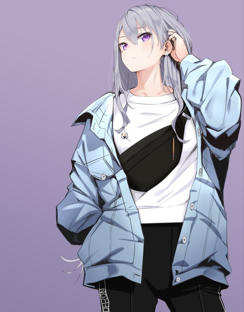 1girl, absurdres, bag, black_pants, blue_jacket, blush, character_name, earrings, eyelashes, fed_(giba), grey_hair, hand_in_own_hair, highres, higuchi_kaede, higuchi_kaede_(spring_casual), jacket, jewelry, long_hair, mole, mole_under_eye, nijisanji, official_alternate_costume, pants, purple_background, purple_eyes, shirt, shoulder_bag, solo, standing, very_long_hair, virtual_youtuber, white_shirt