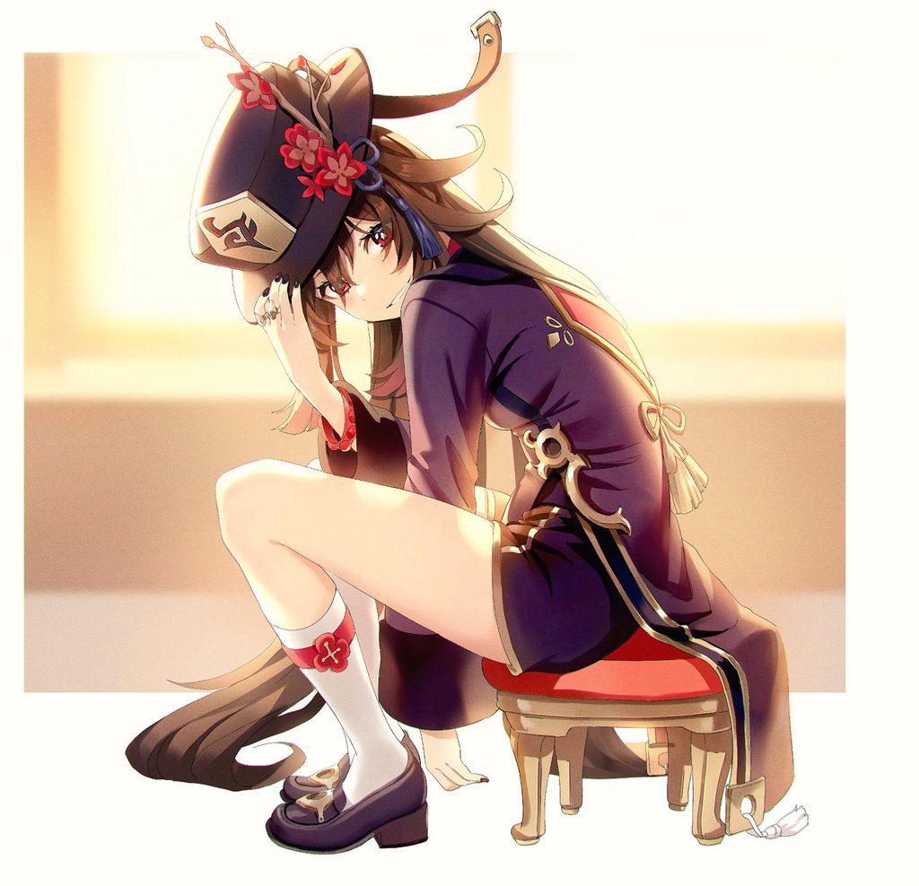 1girl, adjusting_clothes, adjusting_headwear, bent_over, black_hair, black_hat, black_nails, black_shoes