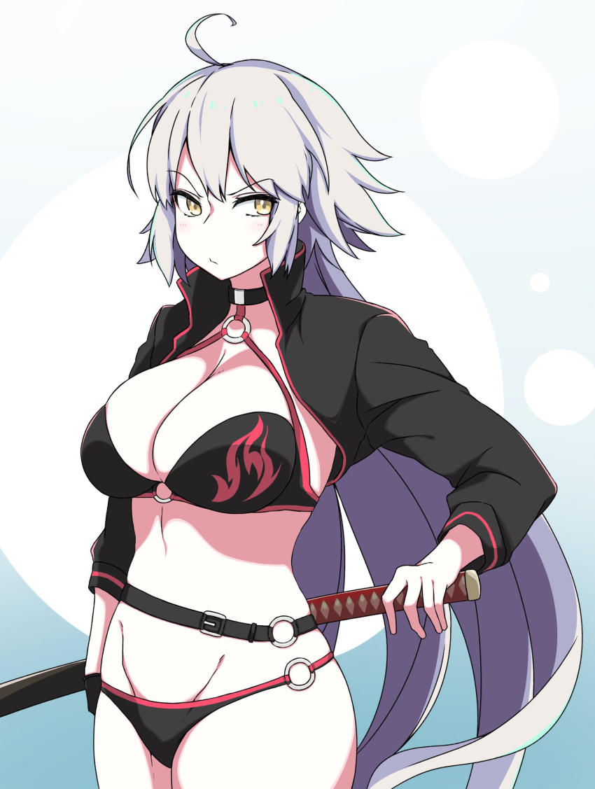 bikini, black_bikini, black_jacket, blue_background, breasts, choker, cleavage, cowboy_shot, fate/grand_order, fate_(series), highres, jacket, jeanne_d'arc_(fate), jeanne_d'arc_alter_(fate), jeanne_d'arc_alter_(swimsuit_berserker)_(fate), katana, large_breasts, long_hair, nonoitou110, o-ring, o-ring_bikini, shrug_(clothing), solo, swimsuit, sword, very_long_hair, weapon, white_background, white_hair