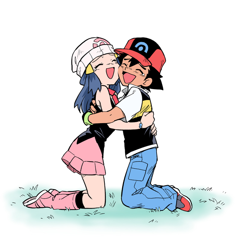 1boy, 1girl, :d, ash_ketchum, baseball_cap, beanie, black_gloves, black_legwear