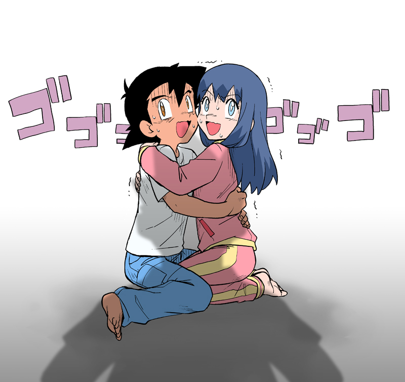 1boy, 1girl, ash_ketchum, barefoot, black_hair, blue_eyes, blue_hair, blue_pants