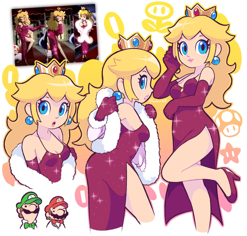 1girl, 2boys, :o, artist_name, bare_legs, bare_shoulders, large_nose, black_eyes, blonde_hair, bow, bowtie, breasts, cleavage, closed_mouth, coat, coin, collarbone, cropped_legs, cropped_torso, crown, dress, earrings, elbow_gloves, evening_gown, eyelashes, facial_hair, feather_boa, fire_flower, fur-trimmed_coat, fur_trim, gloves, gradient_outline, green_bow, green_headwear, hands_up, hat, high_heels, highres, jewelry, lips, long_hair, looking_at_viewer, luigi, mario, mario_(series), multiple_boys, multiple_views, mustache, nintendo, no_mouth, no_socks, open_mouth, outline, parted_lips, pink_coat, pink_lips, pink_outline, princess_peach, purple_dress, purple_footwear, purple_gloves, red_bow, red_headwear, reference_inset, removing_coat, side_slit, sideboob, small_breasts, small_eyes, smile, solid_eyes, sparkle, standing, standing_on_one_leg, starbirbz, super_star_(mario), stiletto_heels, super_mario_all_stars, super_mario_bros._1, super_mushroom, thighs, tuxedo, undressing, white_background, yellow_outline