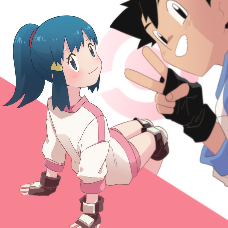 1boy, 1girl, arm_support, ash_ketchum, black_eyes, black_gloves, black_hair, blue_eyes
