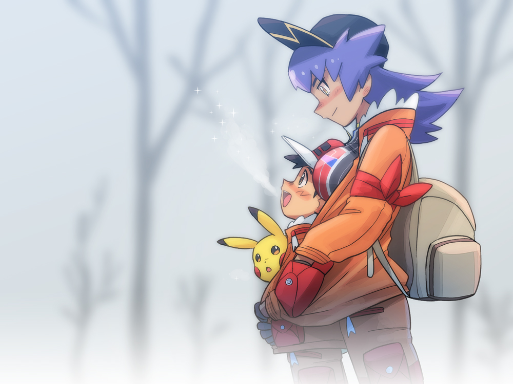 1boy, 1girl, :d, alternate_costume, arm_ribbon, ash_ketchum, backpack, bag