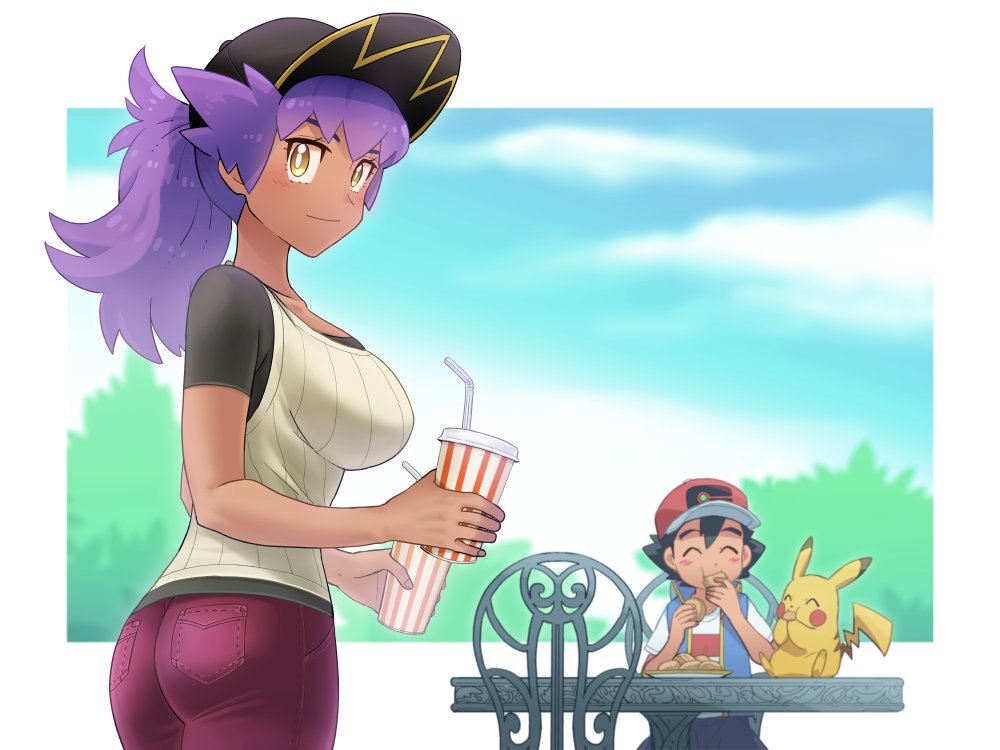 1boy, 1girl, alternate_costume, ash_ketchum, baseball_cap, blue_jacket, blush, breasts, bright_pupils, chair, closed_eyes, closed_mouth, commentary_request, cup, dark-skinned_female, dark_skin, disposable_cup, dododo_dadada, drinking_straw, eating, food, gen_1_pokemon, genderswap, genderswap_(mtf), hat, holding, holding_cup, holding_food, jacket, leon_(pokemon), long_hair, looking_at_viewer, looking_back, nintendo, pants, pikachu, pokemon, pokemon_(anime), pokemon_(creature), pokemon_journeys, ponytail, purple_hair, red_headwear, red_pants, shirt, short_sleeves, sleeveless, sleeveless_jacket, smile, t-shirt, table, white_pupils, white_shirt, yellow_eyes