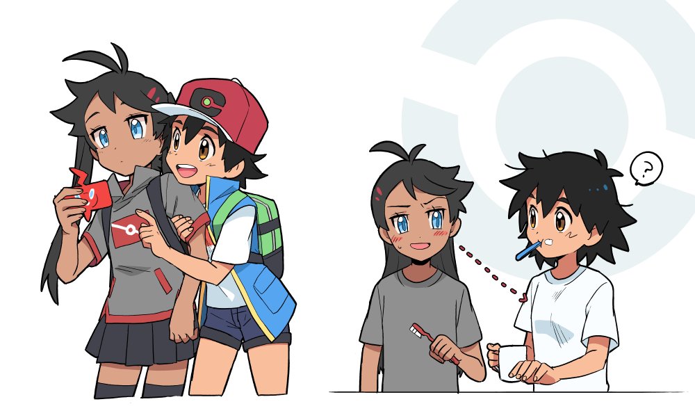 2girls, :d, ?, antenna_hair, ash_ketchum, backpack, bag, baseball_cap, black_hair, black_legwear, black_skirt, blue_eyes, blue_jacket, blush, brown_eyes, brushing_teeth, commentary_request, dark-skinned_female, dark_skin, dododo_dadada, eyelashes, gen_4_pokemon, genderswap, genderswap_(mtf), goh_(pokemon), green_bag, grey_shirt, hat, holding, holding_phone, holding_toothbrush, jacket, long_hair, mouth_hold, multiple_girls, nintendo, open_mouth, phone, pleated_skirt, pokemon, pokemon_(anime), pokemon_(creature), pokemon_journeys, red_headwear, rotom, rotom_phone, shirt, short_hair, short_sleeves, skirt, sleeveless, sleeveless_jacket, smile, spoken_question_mark, t-shirt, teeth, thighhighs, tongue, toothbrush, upper_teeth_only, white_shirt