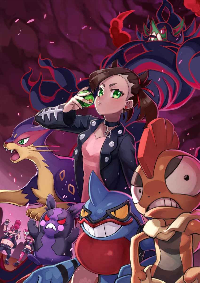 1boy, 2girls, asymmetrical_bangs, black_choker, black_footwear, black_gloves, black_jacket, black_nails