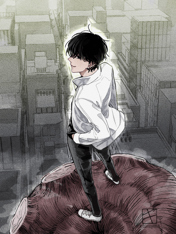 1boy, 1other, black_eyes, black_hair, black_legwear, black_pants, black_shirt, chainsaw_man