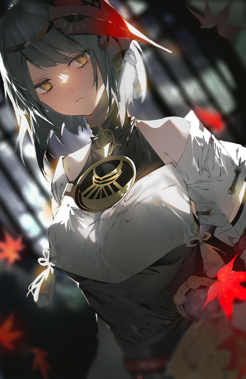 1girl, bare_shoulders, black_hair, blurry, blurry_background, breasts, closed_mouth, commentary_request