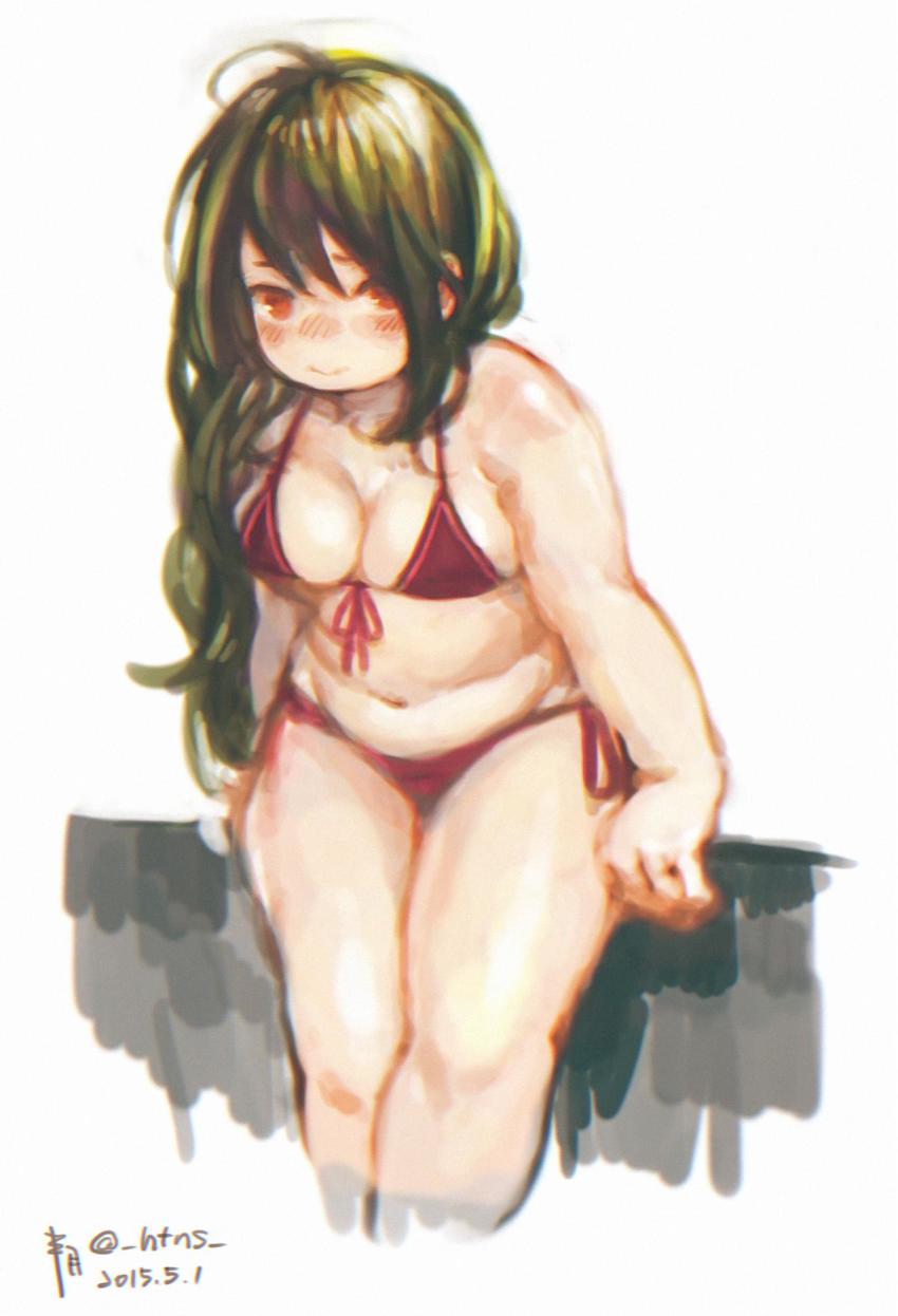 1girl, ahoge, bikini, blush, breasts, dated, fat_rolls, female_focus