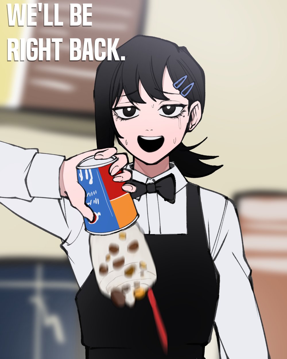 1girl, apron, bad_id, bad_twitter_id, black_apron, black_eyes, black_hair, chainsaw_man, chocolate, collared_shirt, cup, drinking_straw, english_text, false_smile, hair_behind_ear, hair_ornament, hairclip, higashiyama_kobeni, highres, holding, holding_cup, kyou_(iuciferic), mole, mole_under_eye, nervous_sweating, open_mouth, shirt, smile, solo, spilling, sweat, the_eric_andre_show, upper_body, white_shirt