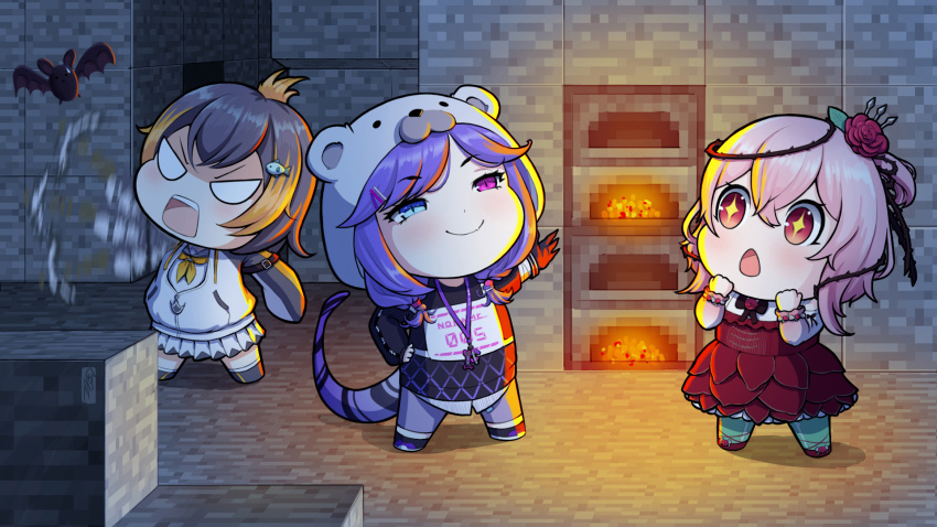 +_+, 3girls, bat_(animal), black_sweater, blue_eyes, chibi, dragon_girl, dragon_tail, dress, flower, hair_flower, hair_ornament, hand_on_own_hip, heterochromia, highres, holding, holding_pickaxe, minecraft, minecraft_pickaxe, multiple_girls, nijisanji, nijisanji_en, obsydia, open_clothes, petra_gurin, petra_gurin_(1st_costume), pickaxe, pink_hair, plant, pointing, purple_eyes, purple_hair, rafa_arsen, red_dress, red_eyes, red_flower, red_rose, rose, rosemi_lovelock, rosemi_lovelock_(1st_costume), selen_tatsuki, selen_tatsuki_(1st_costume), smile, smug, sweater, tail, thorns, vines, virtual_youtuber, white_eyes