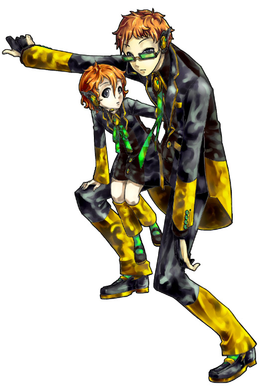 1boy, 1girl, bad_id, bad_pixiv_id, child, gloves, grey_eyes, headphones, headset, ojima, ojima_(ojimadou), orange_hair, short_hair, simple_background, touya_imoko, touya_kohana, utau, vocaloid