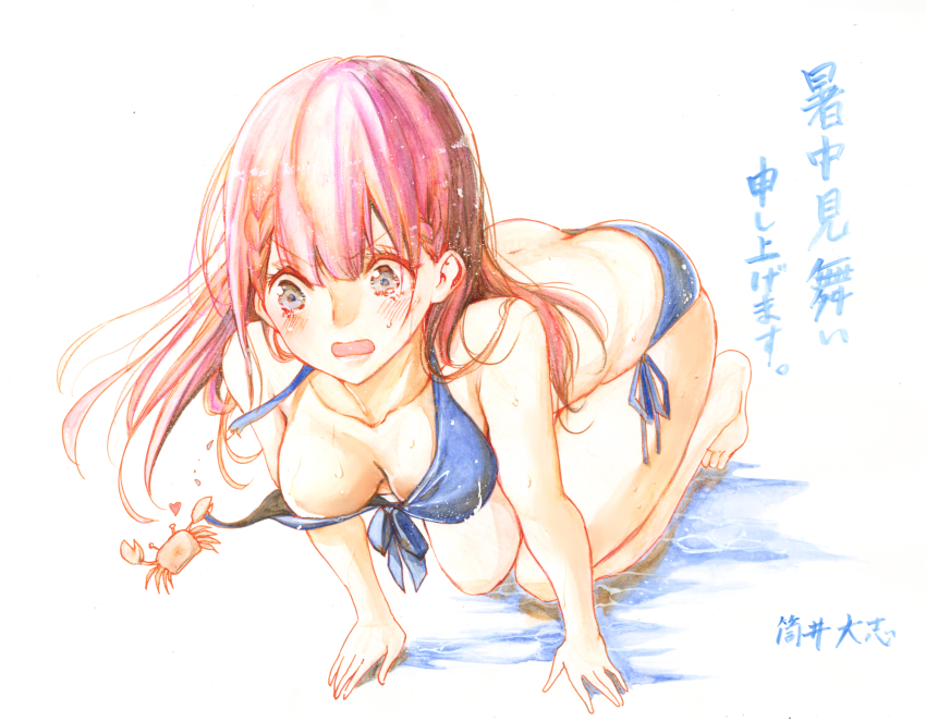1girl, aqua_eyes, ass, bare_shoulders, barefoot, bikini, blue_bikini, blue_eyes, blush, bokutachi_wa_benkyou_ga_dekinai, breasts, butt_crack, cleavage, collarbone, crab, downblouse, feet, highres, kirisu_mafuyu, kneeling, kneeling_on_water, legs, long_hair, medium_breasts, pink_hair, solo, swimsuit, thighs, toes, tsutsui_taishi, unworn_bikini_top