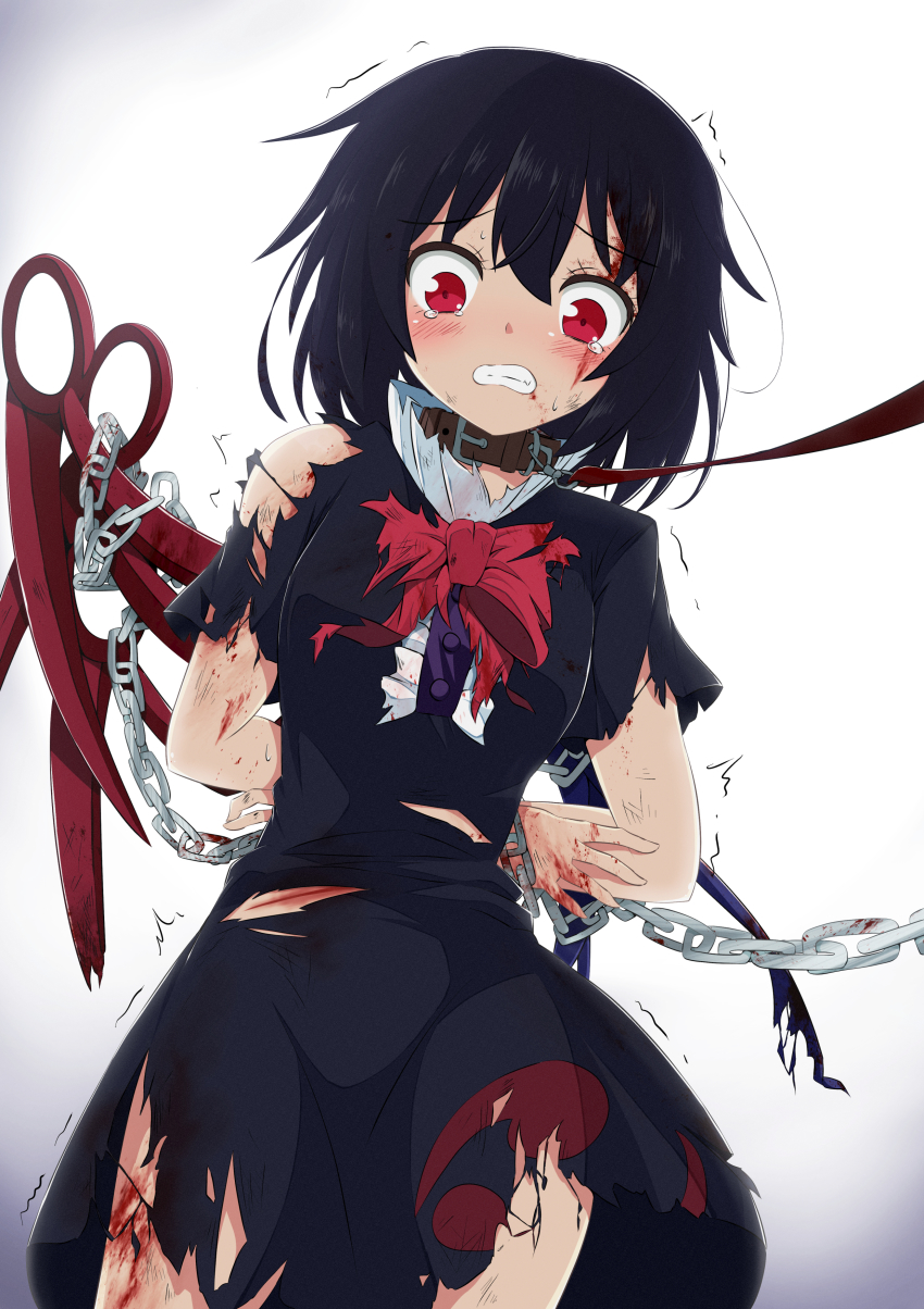 1girl, absurdres, arms_behind_back, asymmetrical_wings, black_dress, black_hair, blood, blood_on_arm