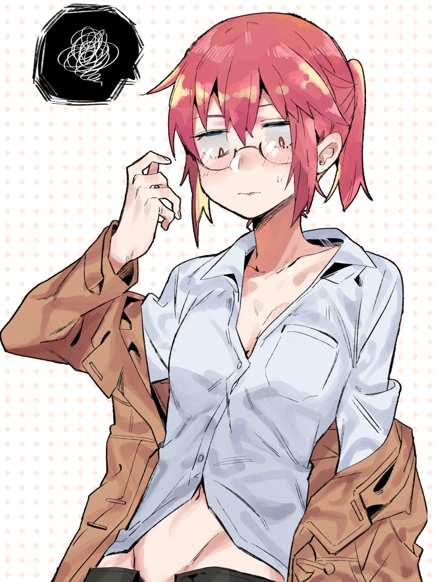 1girl, absurdres, blonde_hair, blush, breasts, brown_coat, closed_mouth, coat