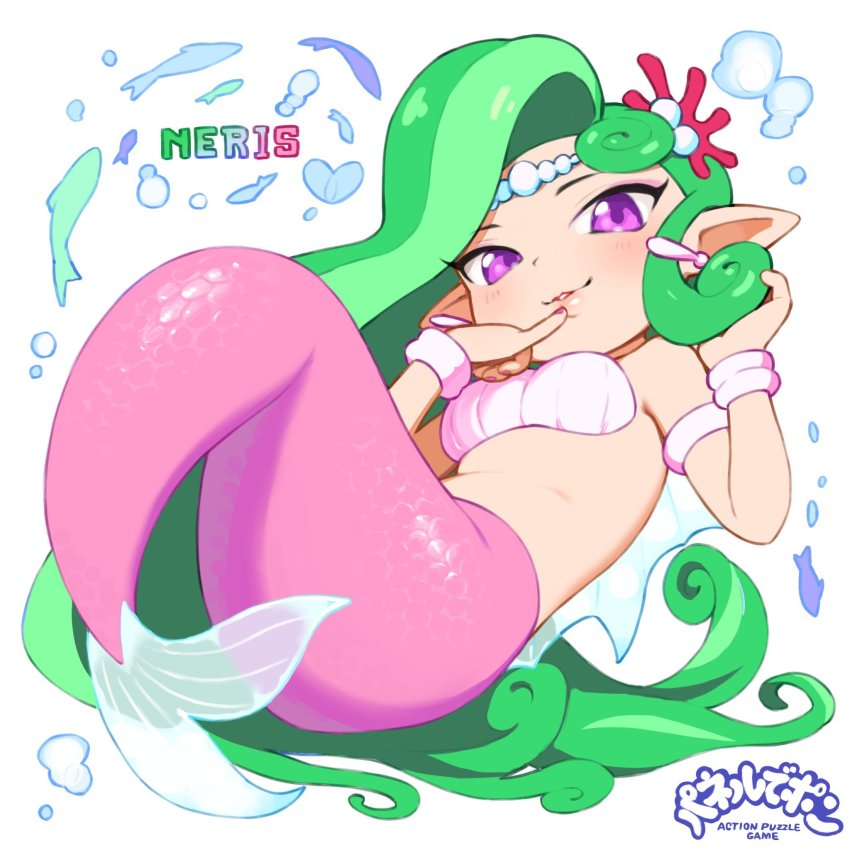 1girl, adjusting_hair, air_bubble, armlet, armpit_crease, asymmetrical_bangs, asymmetrical_hair, bangle, bare_arms, bare_shoulders, bikini, bikini_top_only, blush, bracelet, breasts, bubble, collarbone, coral_hair_ornament, coral_hairpin, dorsal_fin, earrings, eyeshadow, fairy, fingernails, fins, fish, fish_tail, forehead_jewel, full_body, green_hair, hair_ornament, highres, jewelry, lips, long_hair, looking_at_viewer, makeup, medium_breasts, mermaid, midriff, monster_girl, multiple_earrings, nail_polish, neris_(panel_de_pon), omaru_gyuunyuu, panel_de_pon, parted_lips, pearl_hair_ornament, pink_eyeshadow, pinky_out, pointy_ears, purple_eyes, reclining, scales, shell, shell_bikini, sidelocks, simple_background, smile, solo, stomach, swimsuit, tail, tsurime, very_long_hair, white_background