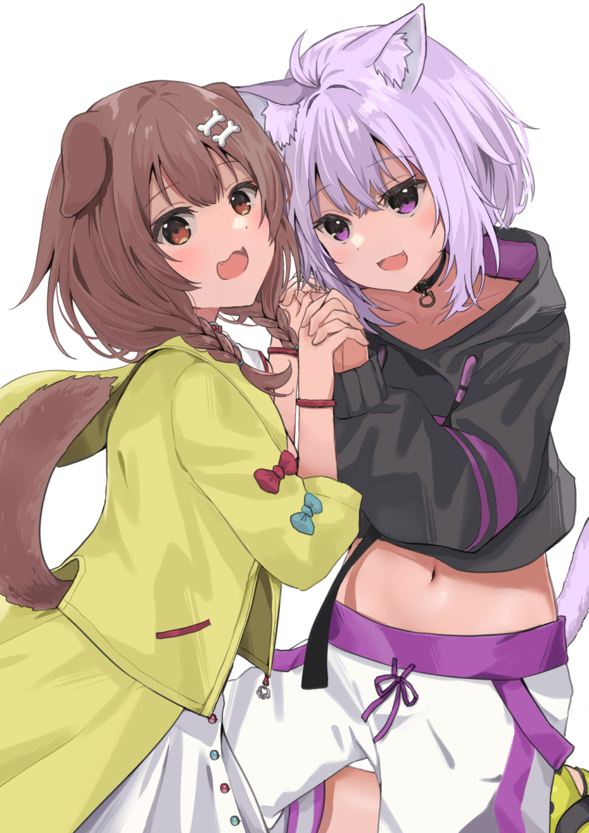2girls, :d, animal_collar, animal_ear_fluff, animal_ears, black_hoodie, bone_hair_ornament, brown_hair