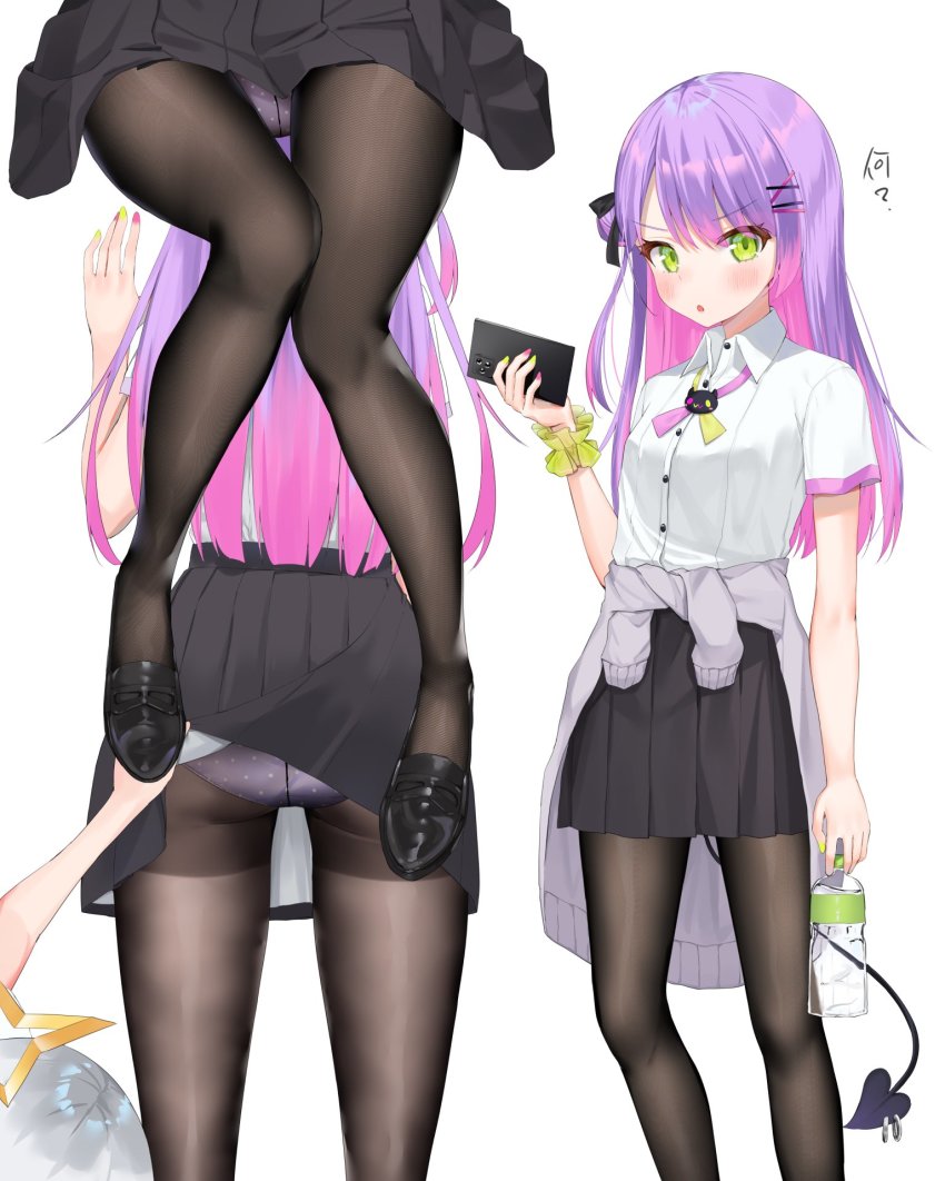 2girls, :o, amane_kanata, black_footwear, black_pantyhose, black_ribbon, black_skirt, blush