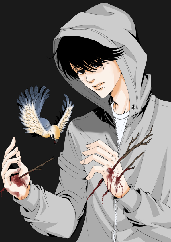 1boy, abstract, adam's_apple, bird, black_hair, bleeding, blood, blood_on_hands