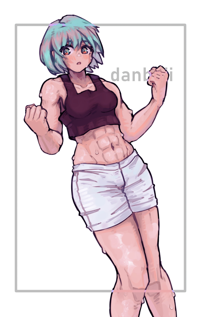 1girl, abs, absurdres, artist_name, blue_eyes, blue_hair, blush, clenched_hand, collarbone, crop_top, danboii, highres, looking_at_viewer, muscular, muscular_female, navel, open_mouth, sei_asagiri, short_hair, shorts, simple_background, sweat, tank_top, va-11_hall-a