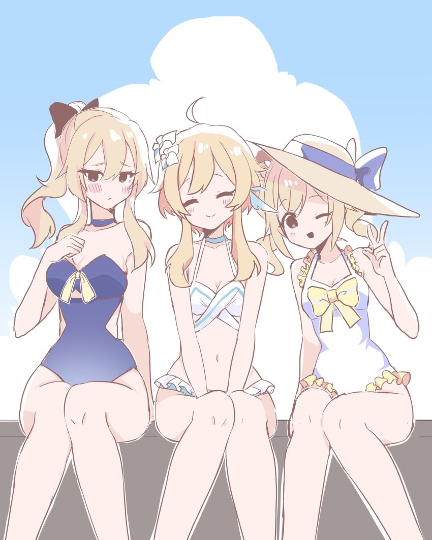 3girls, 5mi_gi, absurdres, ahoge, bad_id, bad_twitter_id, barbara_(genshin_impact), bare_shoulders, bikini, blonde_hair, blush, bow, breasts, casual_one-piece_swimsuit, cleavage, closed_eyes, cloud, genshin_impact, hair_bow, hair_ornament, hand_on_own_chest, hat, hat_bow, highres, jean_(genshin_impact), lumine_(genshin_impact), multiple_girls, one-piece_swimsuit, one_eye_closed, open_mouth, ponytail, short_hair_with_long_locks, siblings, sisters, sitting, smile, swimsuit, v