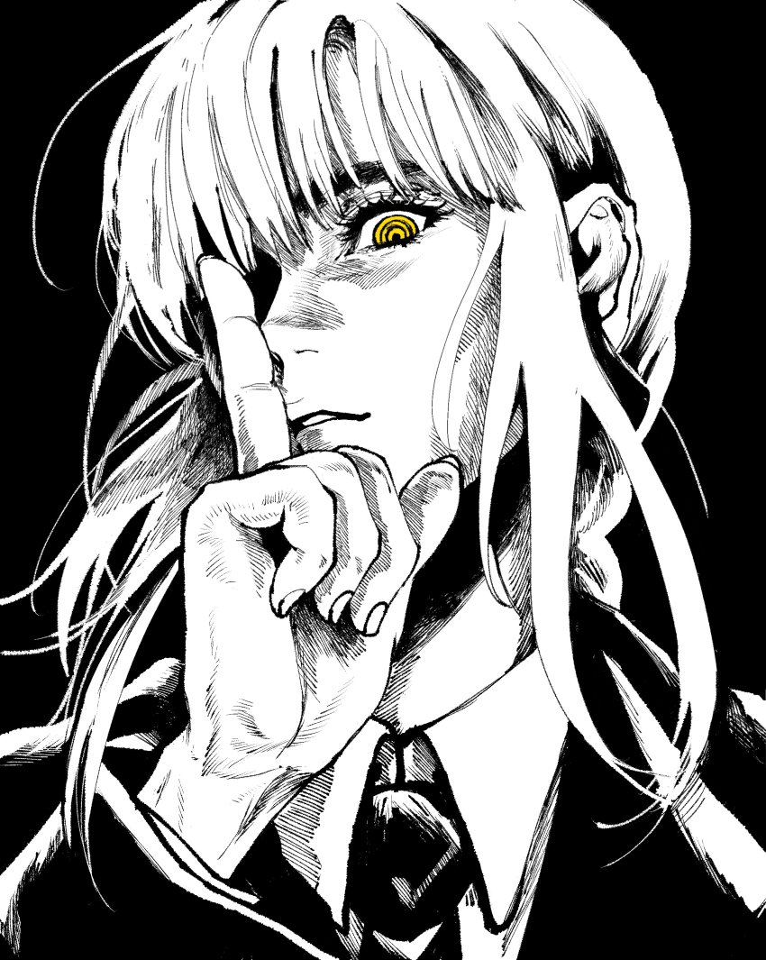 1girl, absurdres, black_background, chainsaw_man, close-up, collared_shirt, finger_to_mouth, formal_clothes, greyscale, hand_up, hatching_(texture), highres, index_finger_raised, long_hair, looking_at_viewer, makima_(chainsaw_man), monochrome, my_nameisyoon, necktie, portrait, ringed_eyes, shadow, shirt, shushing, sidelocks, simple_background, solo, spot_color, suit, yellow_eyes