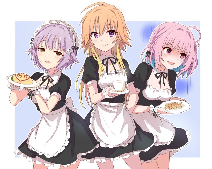 2_nostg, 3girls, @_@, ahoge, apron, blonde_hair, blue_hair, blush