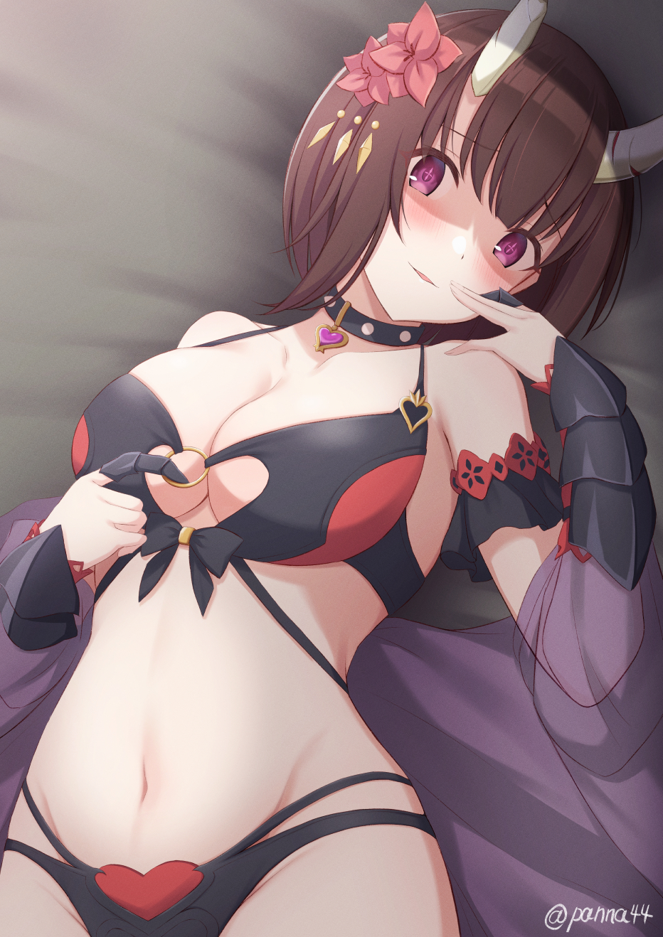 +_+, 1girl, bikini, bikini_pull, black_bikini, black_choker, blush, bracer