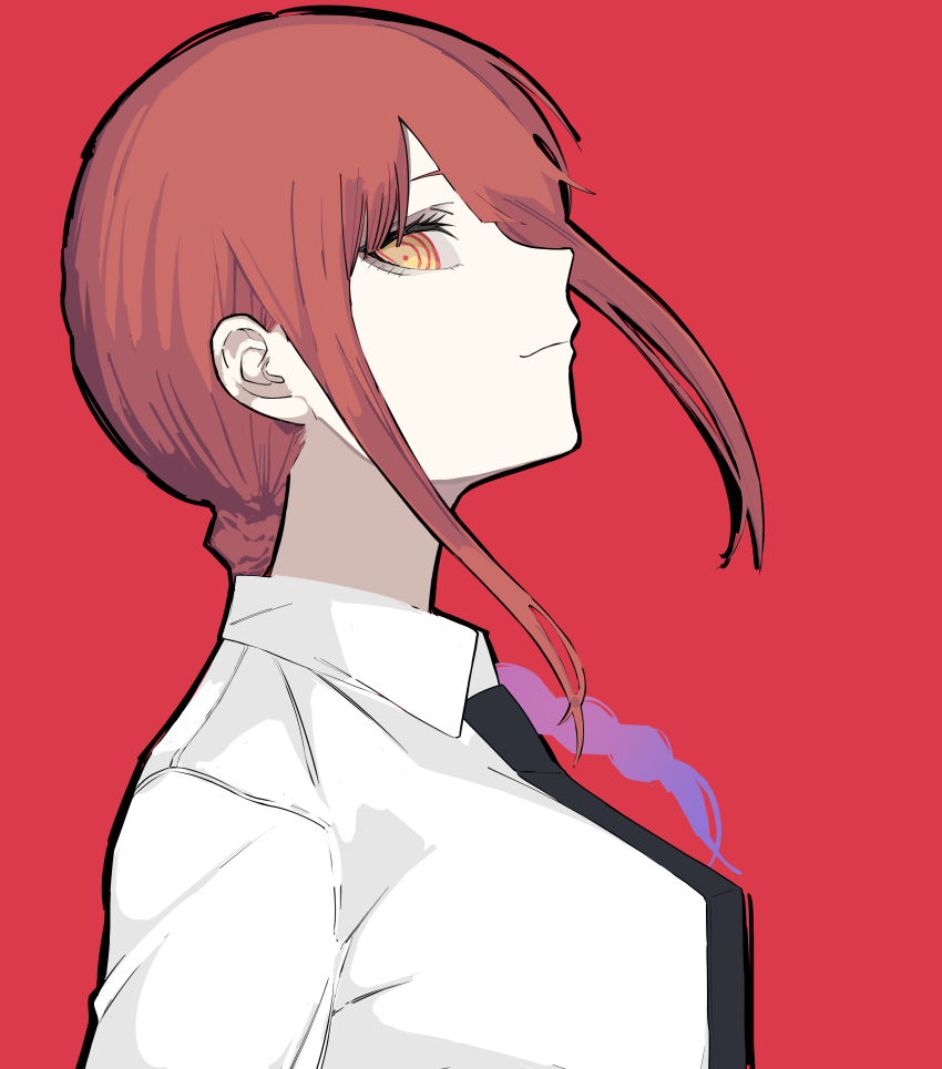 1girl, absurdres, bad_id, bad_pixiv_id, black_necktie, braid, braided_ponytail, breasts, chainsaw_man, closed_mouth, collared_shirt, commentary_request, formal_clothes, from_side, highres, long_hair, looking_at_viewer, makima_(chainsaw_man), medium_breasts, necktie, red_background, red_hair, ringed_eyes, shirt, sidelocks, simple_background, smile, solo, white_shirt, yellow_eyes, yutoekaki