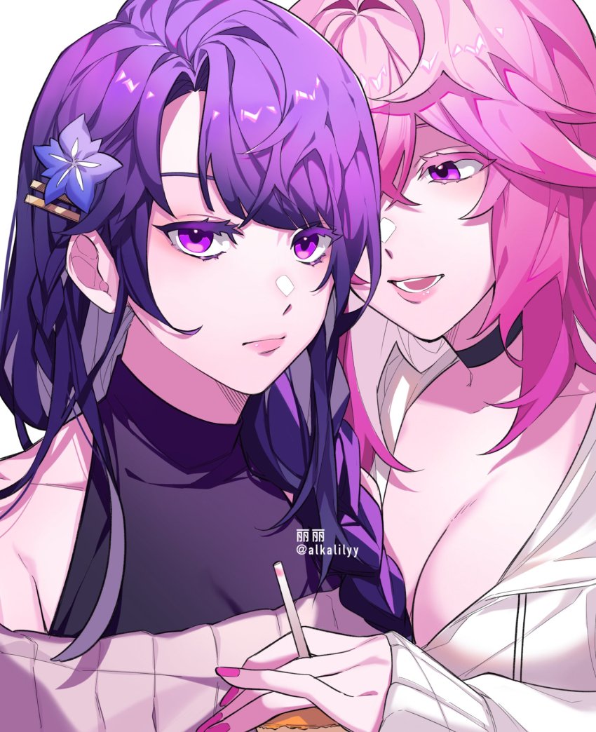 2girls, alkalilyy, bare_shoulders, breasts, choker, cleavage, closed_mouth, commentary