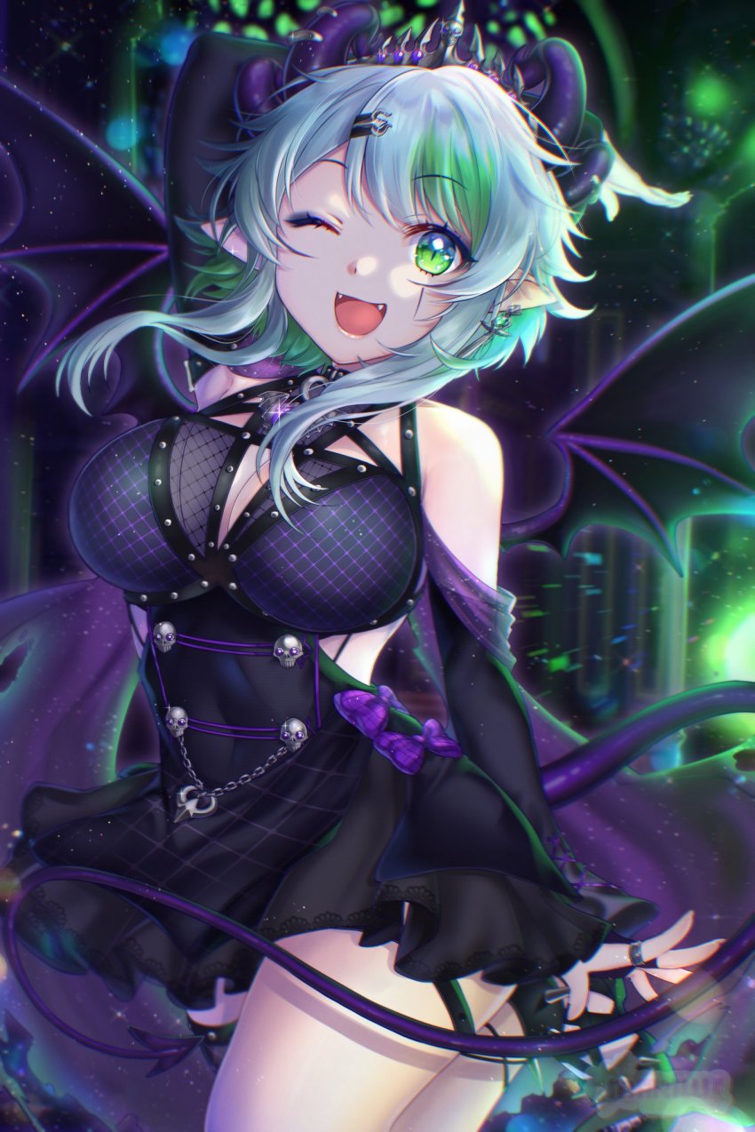 1girl, apricot_the_lich, apricot_the_lich_(1st_costume), aqua_eyes, aqua_hair, bat_wings, breasts, cleavage