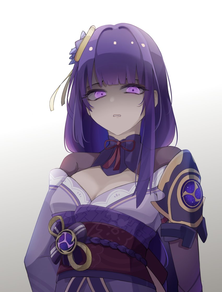 1girl, absurdres, armor, breasts, cleavage, commentary, disgust, english_commentary, flower, genshin_impact, hair_ornament, highres, japanese_clothes, kimono, large_breasts, long_hair, looking_at_viewer, open_mouth, purple_eyes, purple_flower, purple_hair, raiden_shogun, ribbon, sash, shoulder_armor, simple_background, solo, white_background, yuu_azma