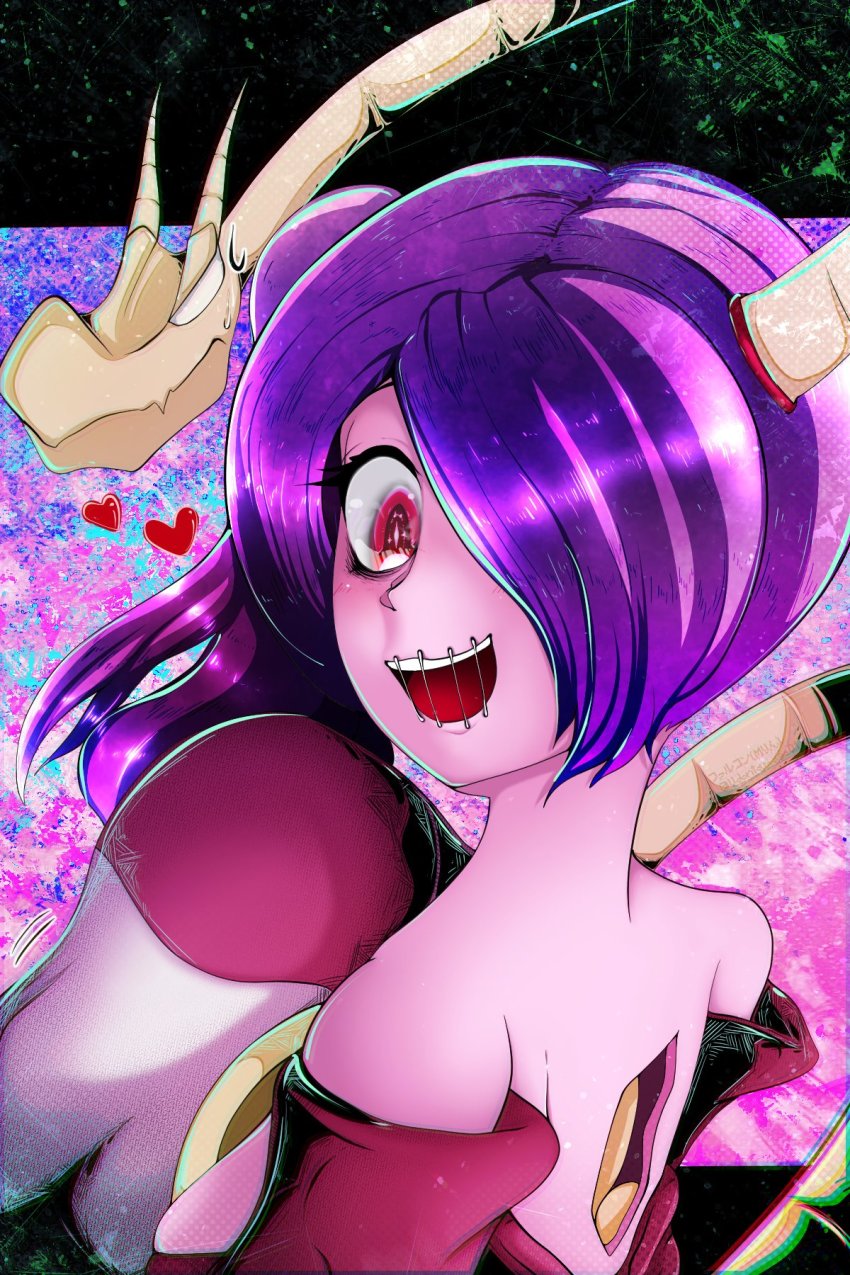 1girl, colored_skin, from_behind, heart, highres, leviathan_(skullgirls), looking_back, open_mouth