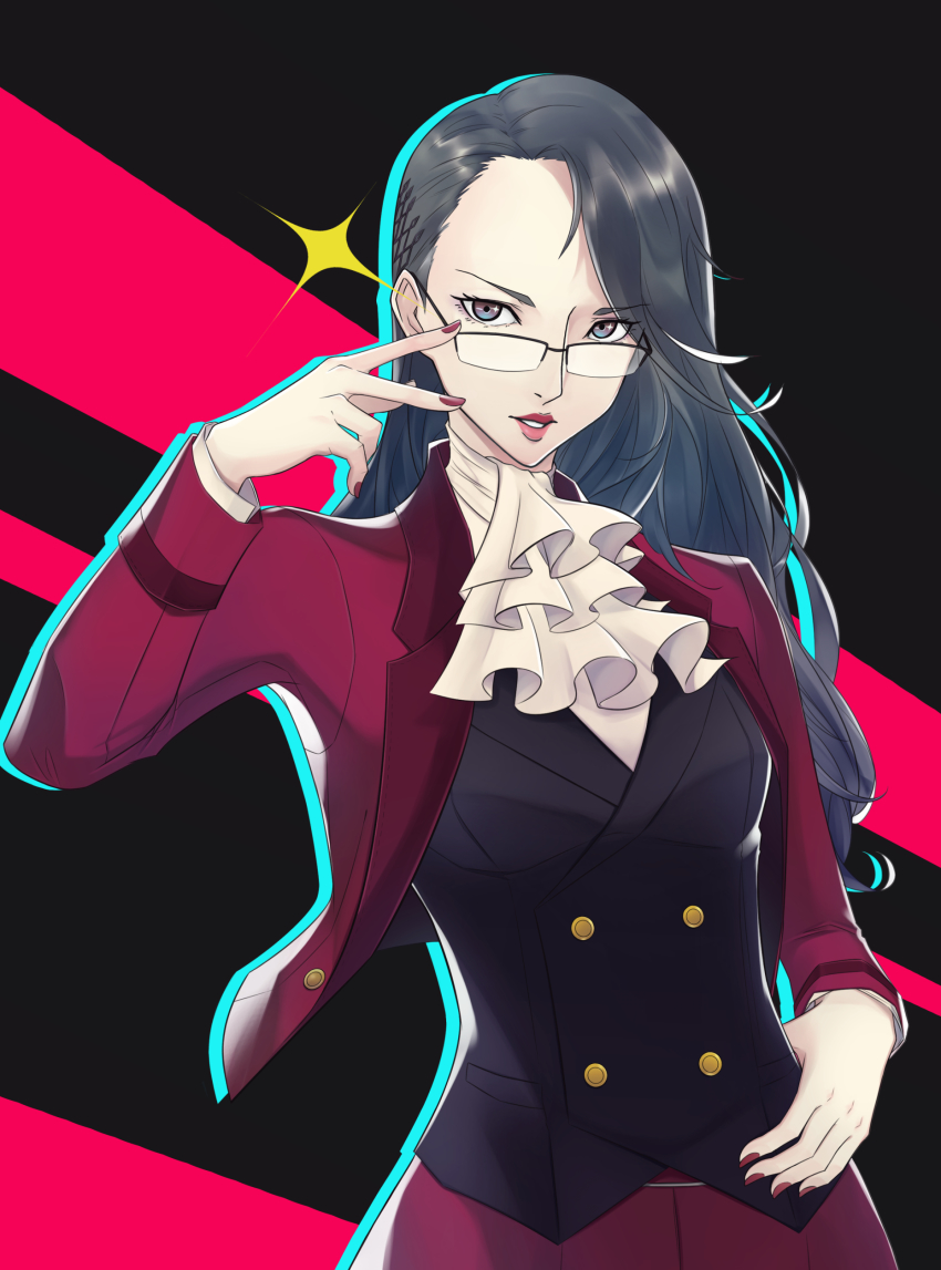 1girl, absurdres, ace_attorney, adjusting_eyewear, ascot, belt_buckle, buckle, cosplay, cowboy_shot, formal_clothes, glasses, grey_eyes, hair_ornament, hand_on_eyewear, hand_on_own_hip, highres, lipstick, long_hair, looking_at_viewer, makeup, mauve_jacket, miles_edgeworth, miles_edgeworth_(cosplay), nail_polish, niijima_sae, persona, persona_5, side_part, silver_hair, solo, sparkle, sparkling_eyes, striped_background, suit, trait_connection, vest, waistcoat, wanderstill