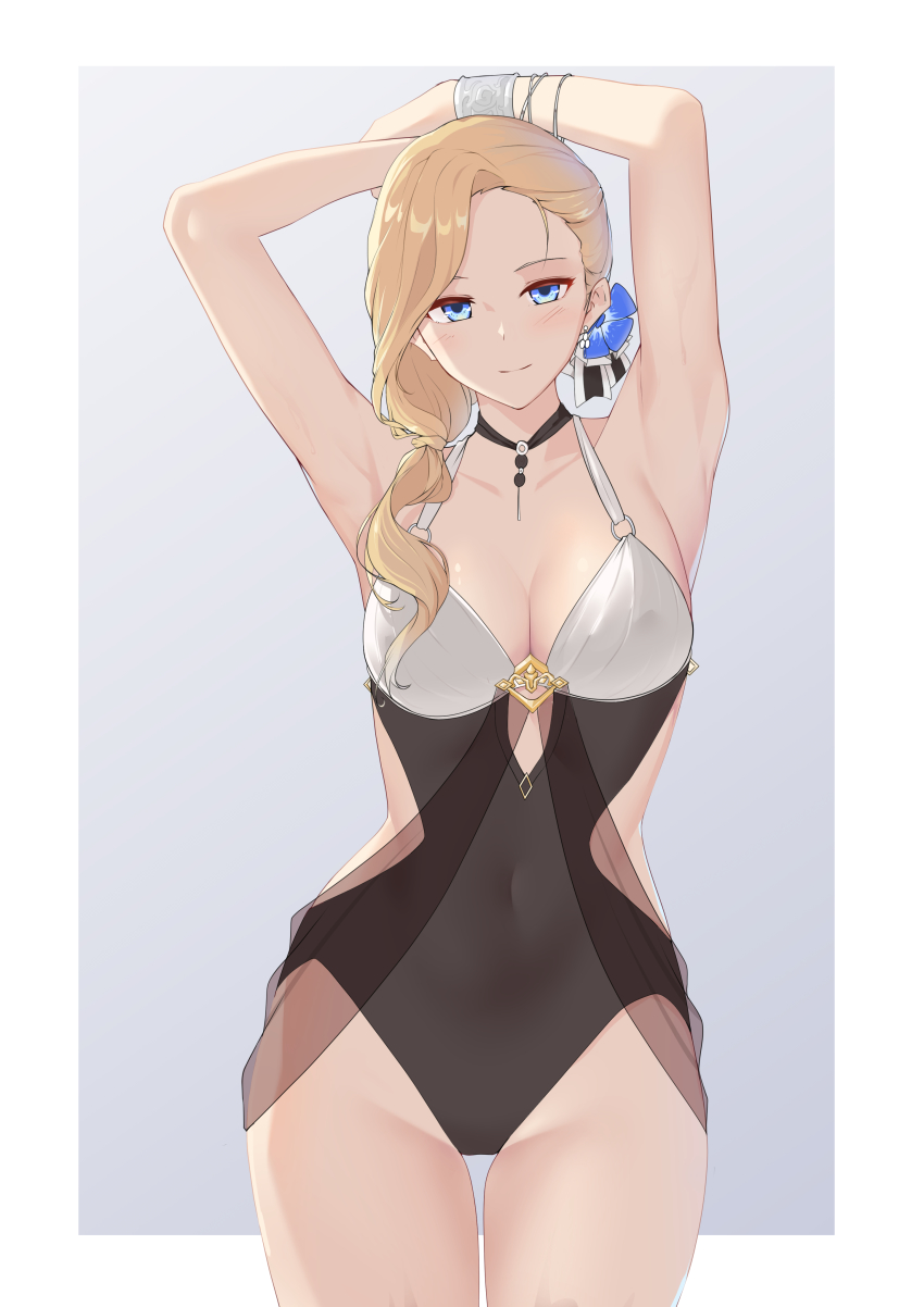 1girl, absurdres, armpits, arms_behind_head, azur_lane, blonde_hair, blue_eyes, blush